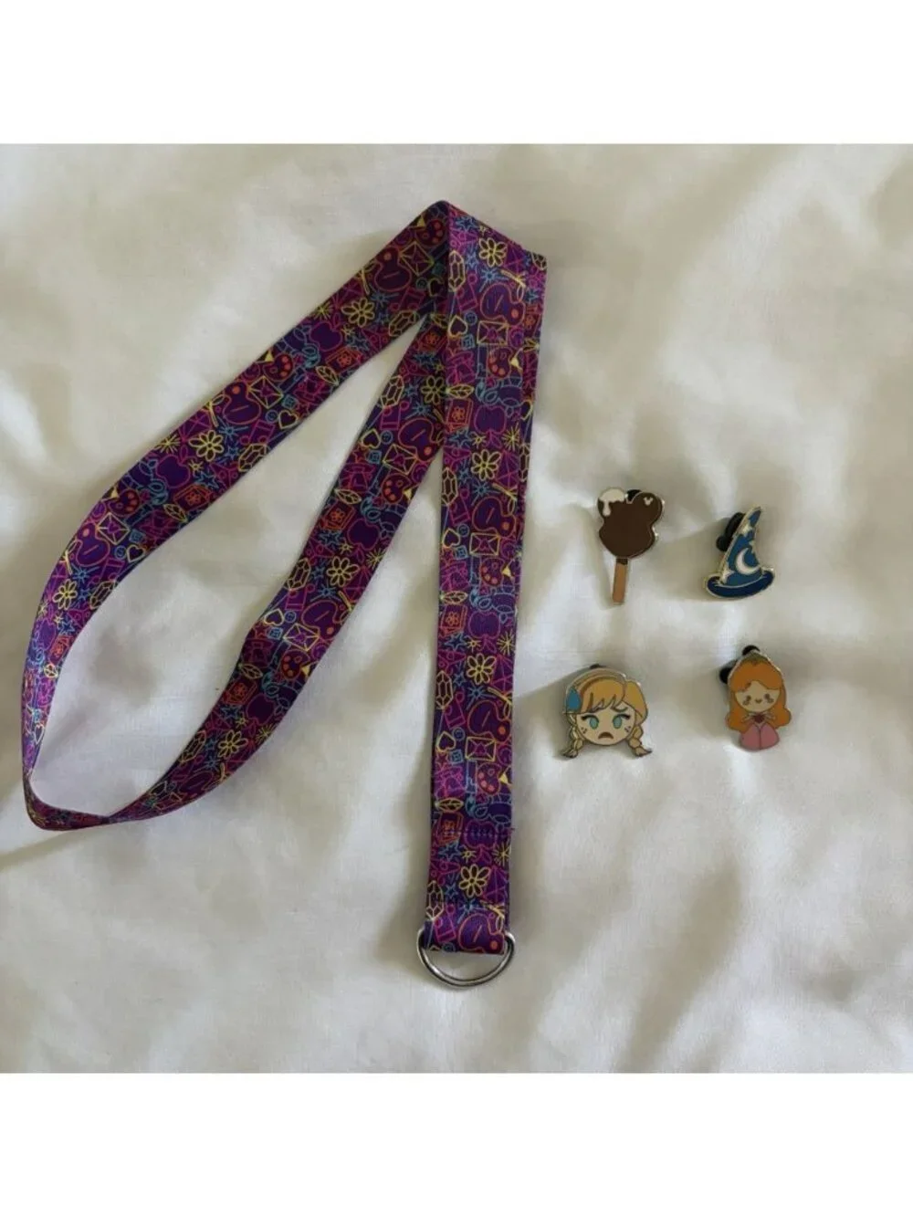 Disney Lanyard With 4 Pins Anna Sleeping Beauty Mickey Fantasia